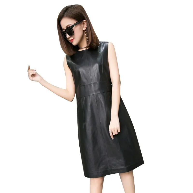 

Sexy Black O-neck Elegant Natural Genuine Leather Autumn Winter Women Dress Button Sleeveless Robe Femme Knee Tank Sundress