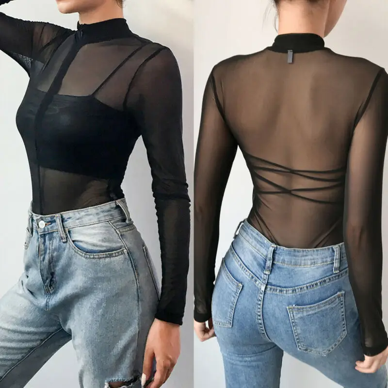 

Women Bodysuit Bodycon Sexy Solid Black See-through Long Sleeve Bodysuits Autumn 2019 new