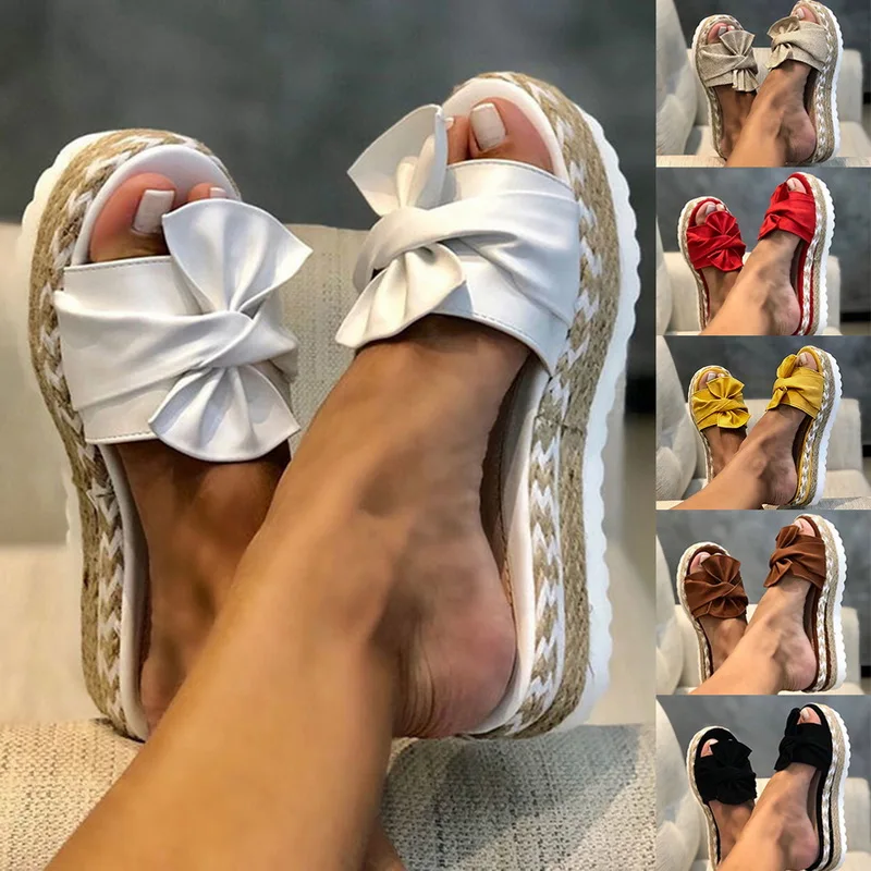 

Women Bowknot Slippers 2021 Summer Casual Beach Muffin Slip On Platform Ladies Sandals Dress Party Peep Toe Female Sandals