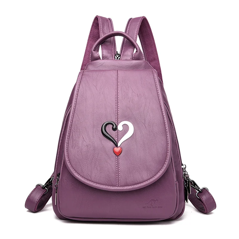 Purple Новинка 3 в 1 модный контрастный рюкзак для женщин с сердцем Высокое качество Мягкие кожаные сумки через плечо для женщин Милые простые женские нагрудные сумки ba - Цвет: Purple