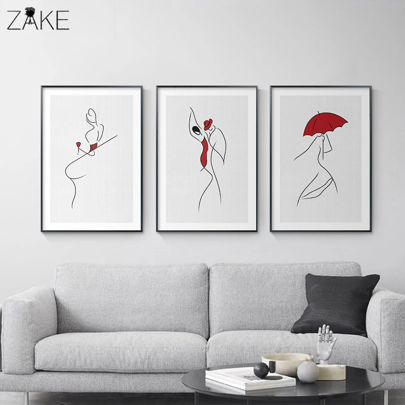 

Paris Modern Lady Preference Red Minimalism Line Art Print Canvas Painting Wall Picture Poster for Kitchen Girls Room Decor