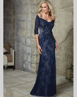 design navy blue lace mermaid evening dress 2015 party formal long evening dress gowns with sleeves vestido de festa