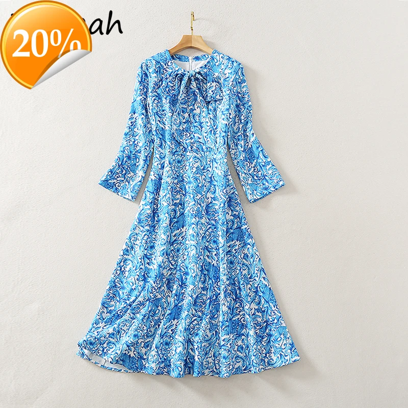 

Summer Women Fashion Designer Party Midi Dress Bow High waist Printed Ladies Elegant slender A-line Dresses Vestidos