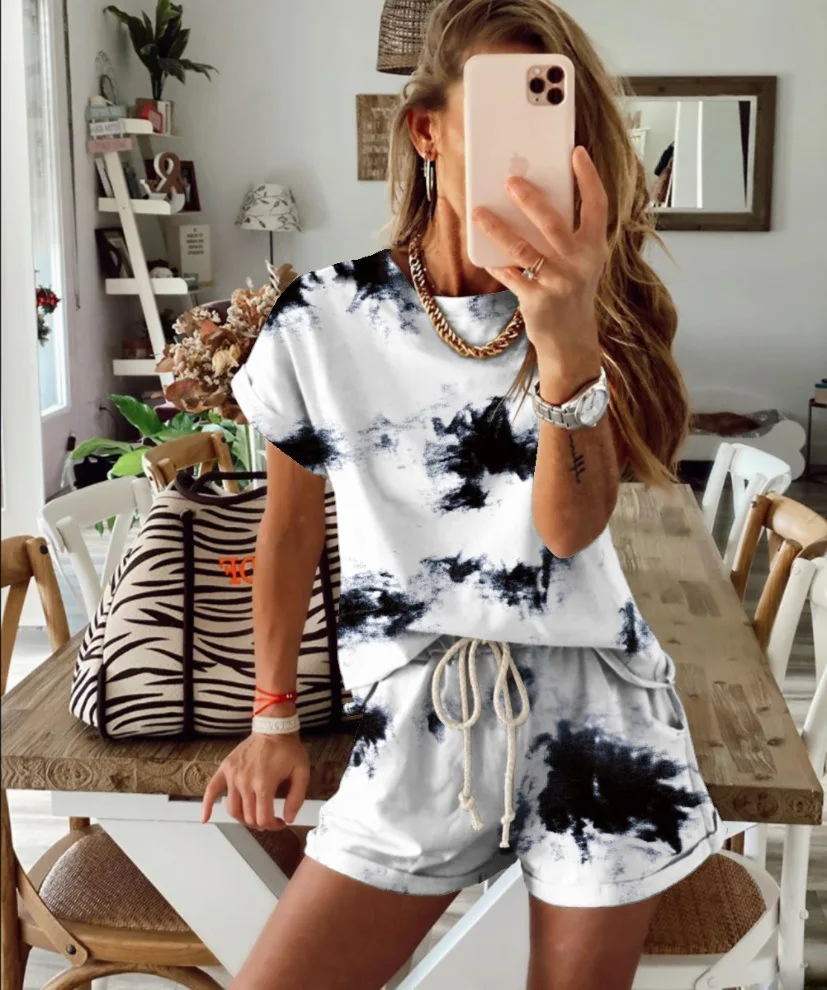 

Ladies Tie Dye Gradient Pajama Short Sleeve Homewear Set outfits for women 2 piece set women fall clothes for women