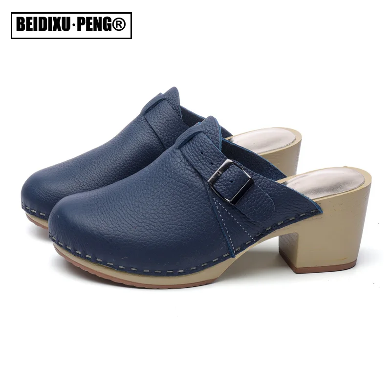 Women Leather Shoes Antiskid Pumps Sandles Summer Mules Heels Round Head Vintage Ladies Closed Toe Wedge Casual Sandalias Shoes