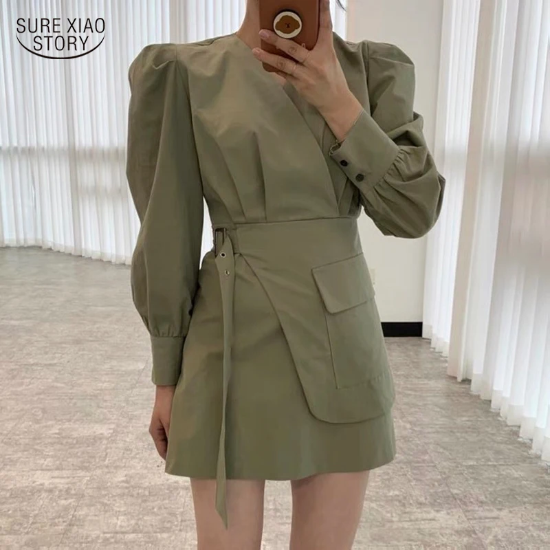 

Autumn V-neck Vintage Dress Cross Side Buckle Belt Puff Sleeve Women's Dress Korean Fashion Irregular Pleated Dress Female 17275