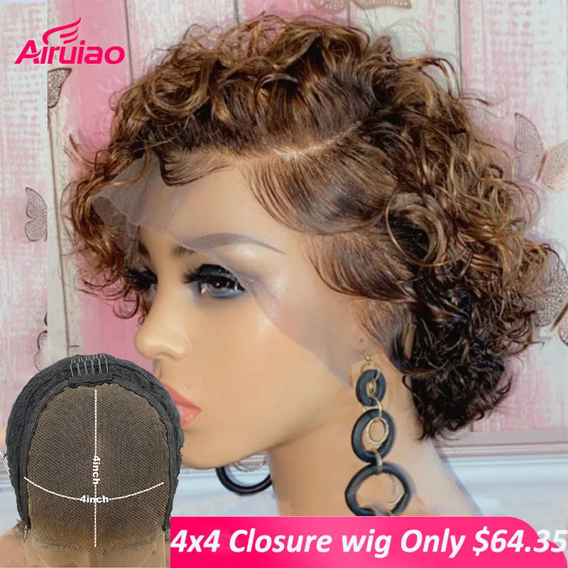 

Ombre Brown 4x4 Lace Closure Short Pixie Cut Bob Wig Curly 13x2 Lace Frontal Wig Honey Blonde Colored Human Hair Wigs For Women