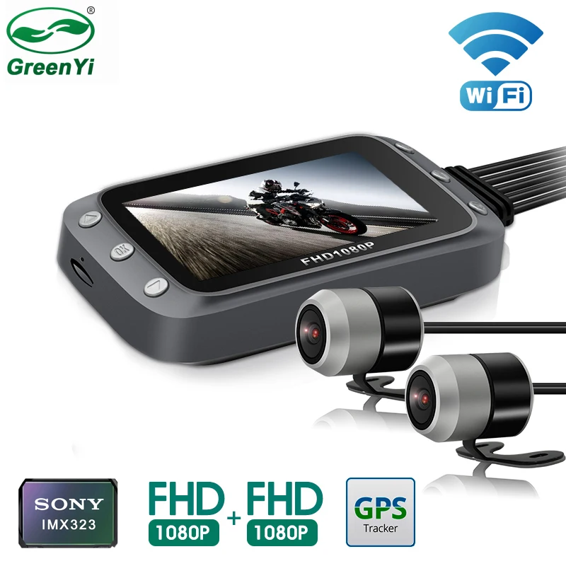 GreenYi Wi Fi Видеорегистраторы для мотоциклов тире Камера Full HD 1080P + спереди и вид