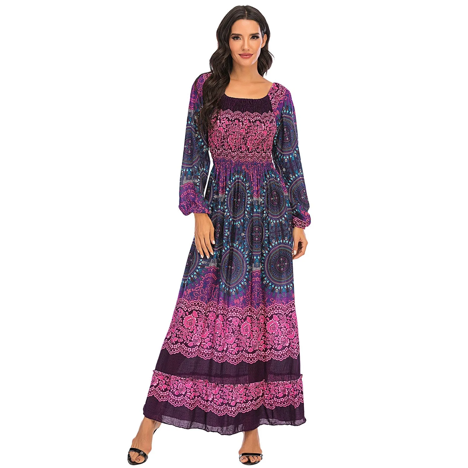Винтажный шик Vestidos женские Цветочный принт с длинным рукавом пляжные Стиль