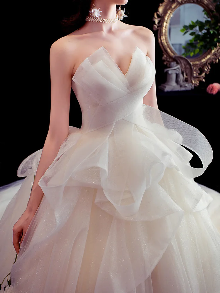 2021 Strapless Wedding Dress With Brush Train Lace Up Bridal Ball Gown Classic Robe De Mariee Customize Vestido De Noiva