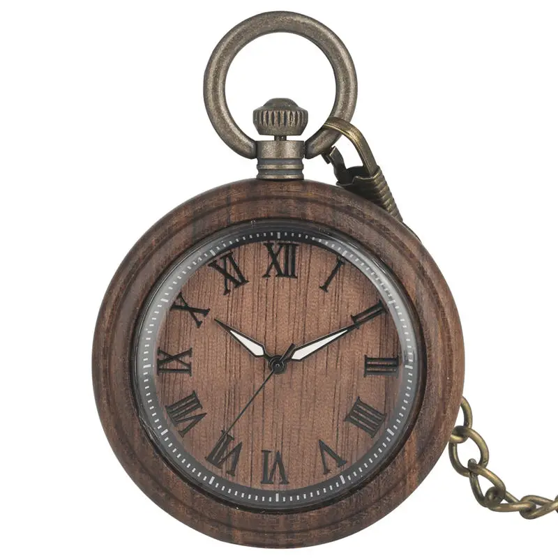 

Classict Brown Ebony Quartz Pocket Watch Men Luminous Pointers Wooden Case Women Pendant Watch Large Dial Gift taschenuhr New