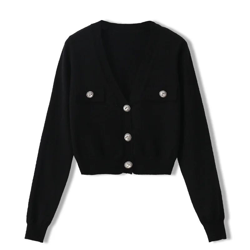 

2021 Spring Warm Color Short Cardigan Knitted Sweater Women Long Sleeve Elegant Sweaters V-Neck Jackets Women Pink Lady Jumpers