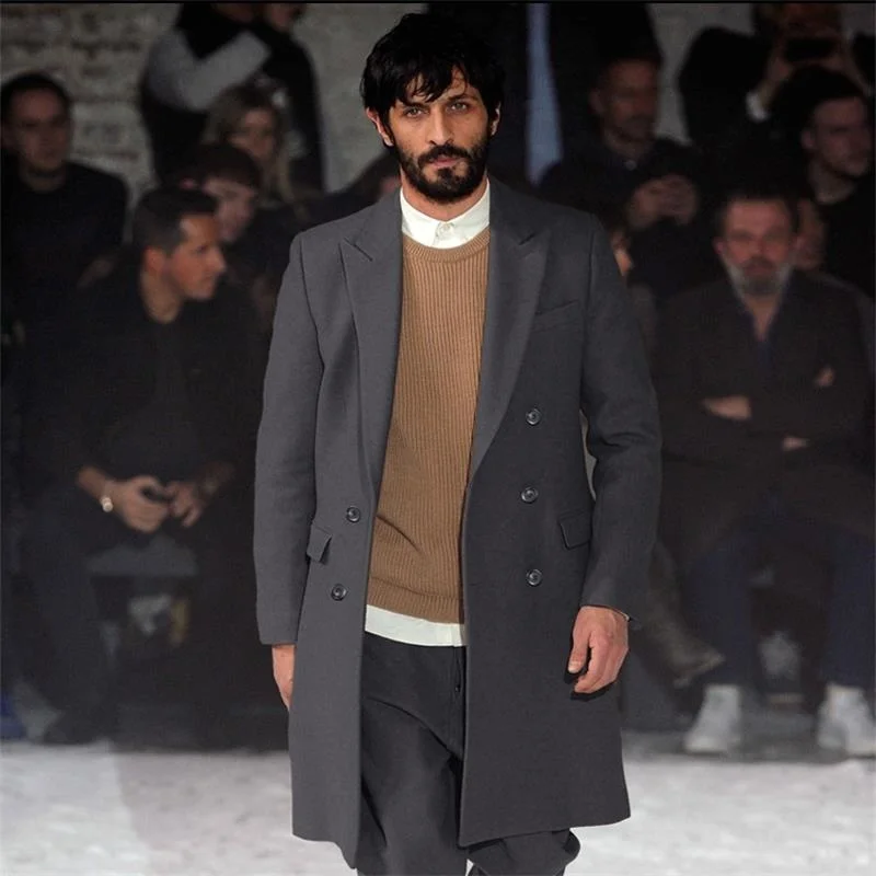 Мужское шерстяное пальто облегающий двубортный Тренч средней длины в