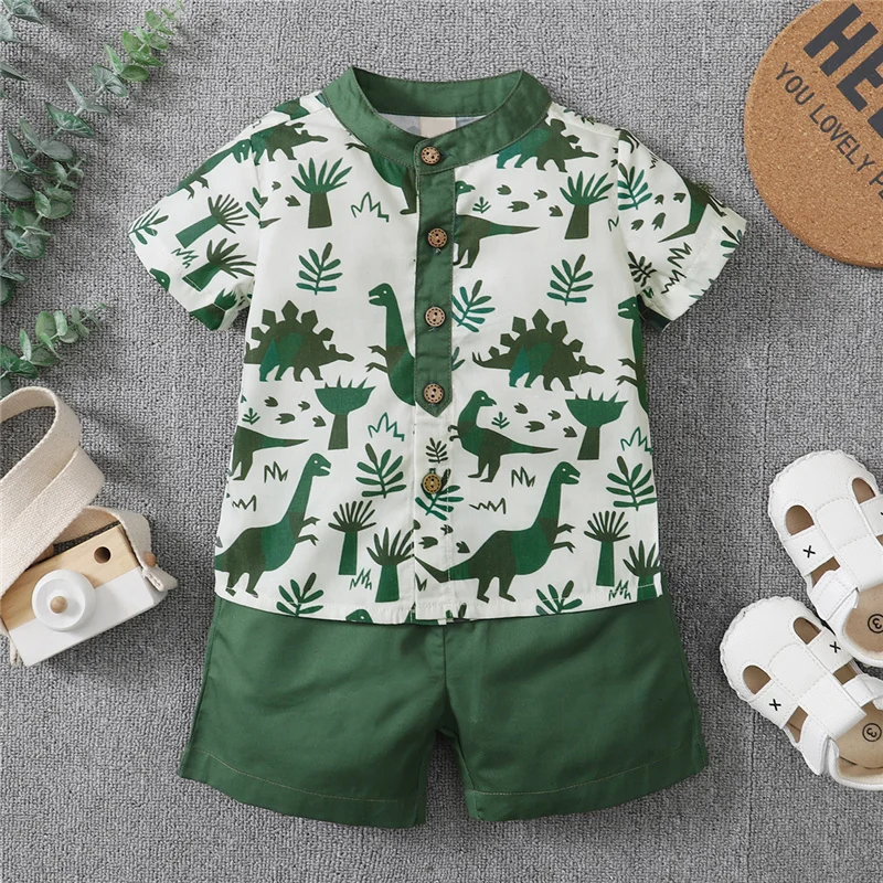 

Infant Kids Boy Outfit Set Toddler Boy Dinosaur Tree Prints Short Sleeve Button Shirt Top+Solid Color Shorts Cotton Clothes Set