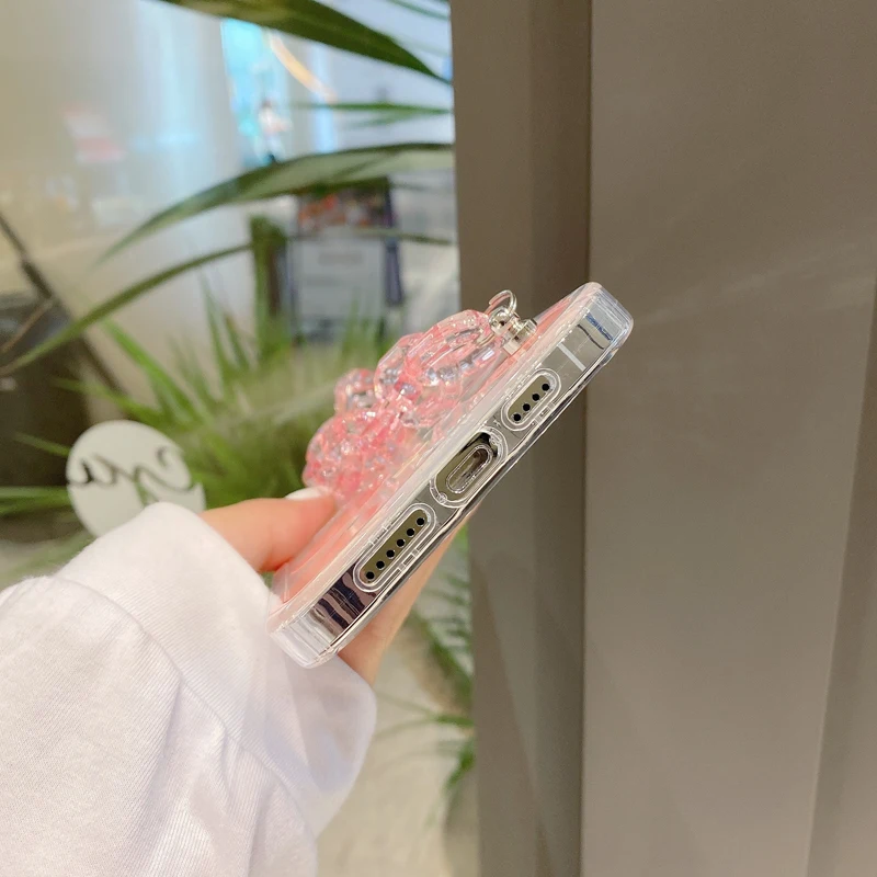 

Transparent Case For iPhone 11 12 Pro Max 7 8 Plus X XR XS Max Cute Peach Chain Wrist Strap Bumper Back Cover