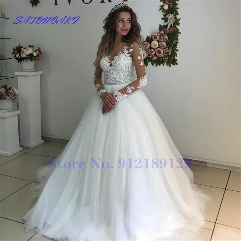 

Vestido De Novia Sexy Illusion Long Sleeve Wedding Dress Lace Applique Sheer Back White/ Ivory Tulle A-Line Princesa Bride Gown