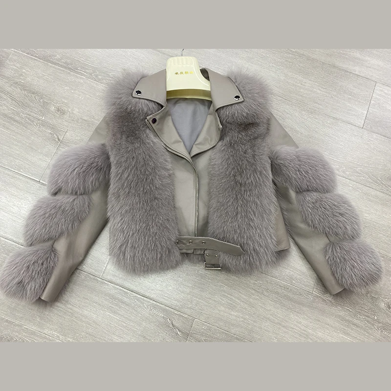 2020 Winter Hot Sale 100% Genuine Fox Fur Leathe Jackets Sheepskin Coat Fashion Women Thick Fox Fur Locomotive Jacket