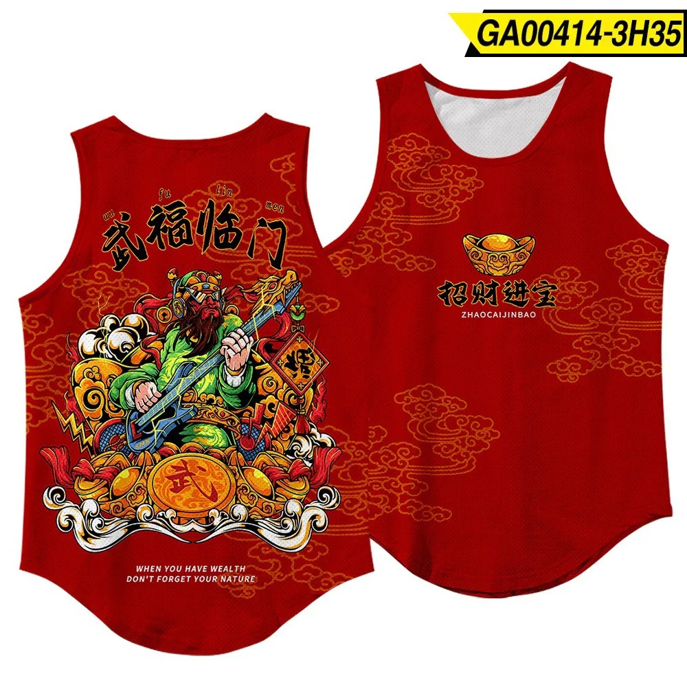 

Мужская модная майка в китайском стиле с красным принтом, свободная дышащая майка в стиле хип-хоп, майка, рубашка