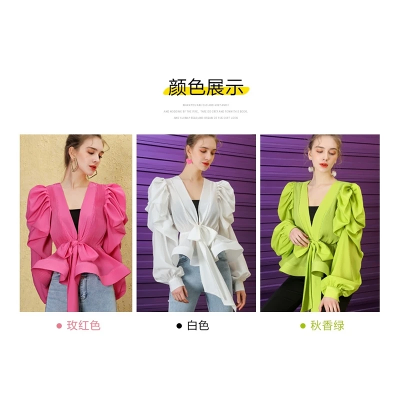 

Summer Women 2020 Sexy V-neck Lantern Sleeve Bandage Bow Pleat Chiffon Blouse Solid Color Lady Elegant Top Blusas