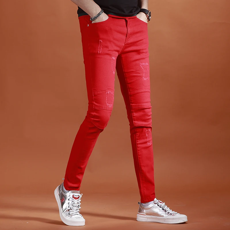 2023 New Yellow Jeans Men Fashion Slim Fit Straight Pants Summer Streetwear Thin Ripped Patch Denim Trousers