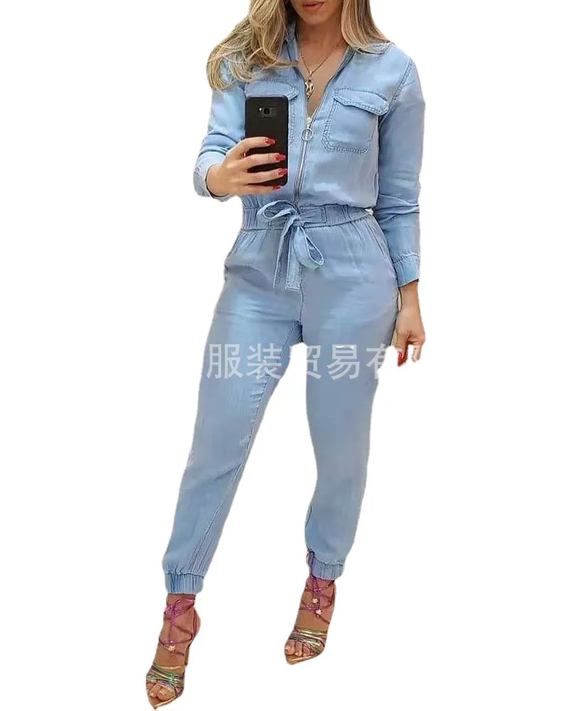 

2021 spring and autumn new women's blue zipper jumpsuit pants woman pants woman pants