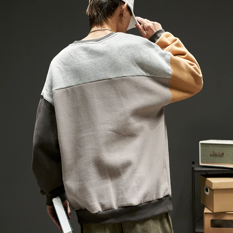 

Sweater men's stitching contrast color Japanese casual round neck plus velvet pullover jacket boys Hong Kong style Joker jacket