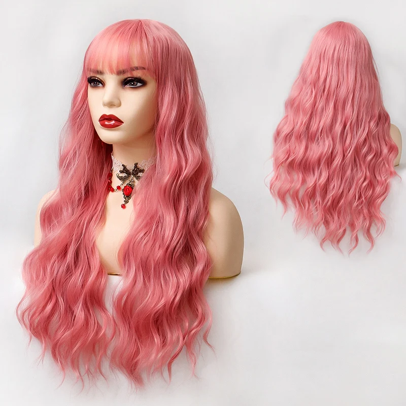 

CTRLALT Pink Blonde Wig Long Wavy Lolita Cosplay Woman Wigs with Bangs Daily Halloween Party Heat Resistant Fiber Hair