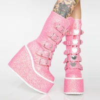 brand design gothic platform motorcycle boots fashion demonia wedges women boots punk street glittered pink big size woman shoes
