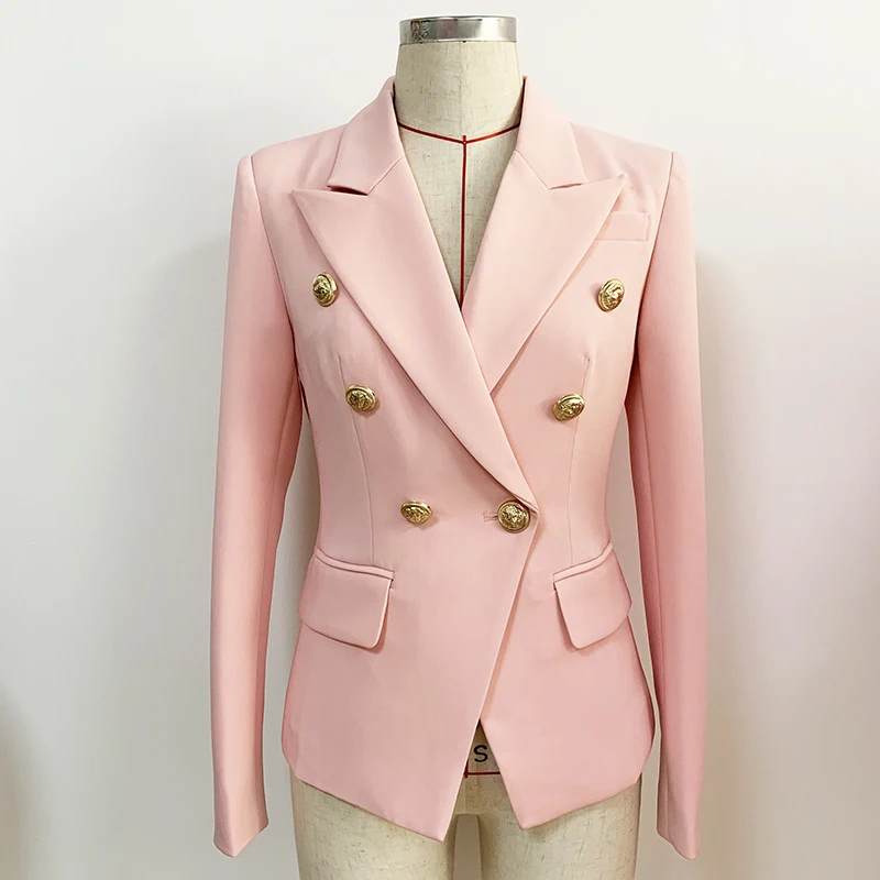 

HIGH QUALITY 2021 New Fashion Designer Blazer Women's Slim Fitting Metal Lion Buttons Double Breasted Blazer Jacket Baby Pink