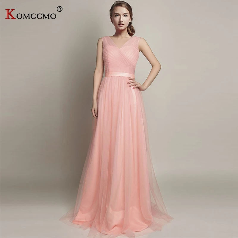 

Custom Made Sleeveless V-Neck Long Cocktail Party Gown High-End Sweep Train Zipper Pleated Bridesmaid Wedding Dress for Women