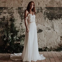 boho wedding dress with sleeves 2020 off shoulder a line two piecs floor length court train backless bohemain bridal gowns
