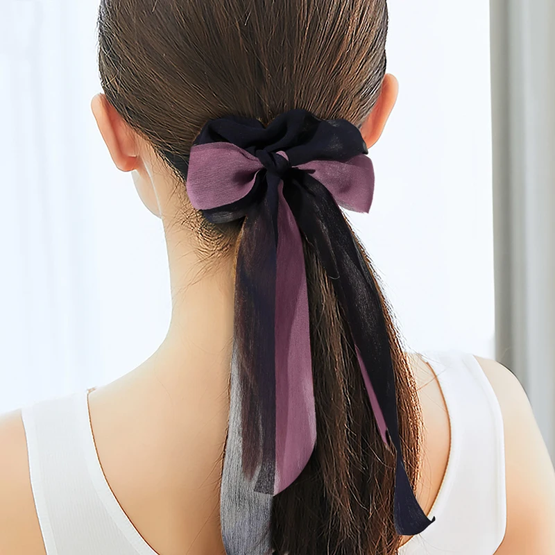 

2021 Vintage Chiffon Bow Hair Ribbon Scrunchie for Women Girls Long Elastic Hair Tie Headwear Female Hair Accessories