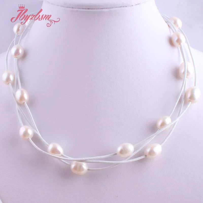 

10-12mm Oval Freshwater Pearl Natural Stone Beads For Christmas New Year Gift Jewelry Leather Necklace Lobster Clasp 16"