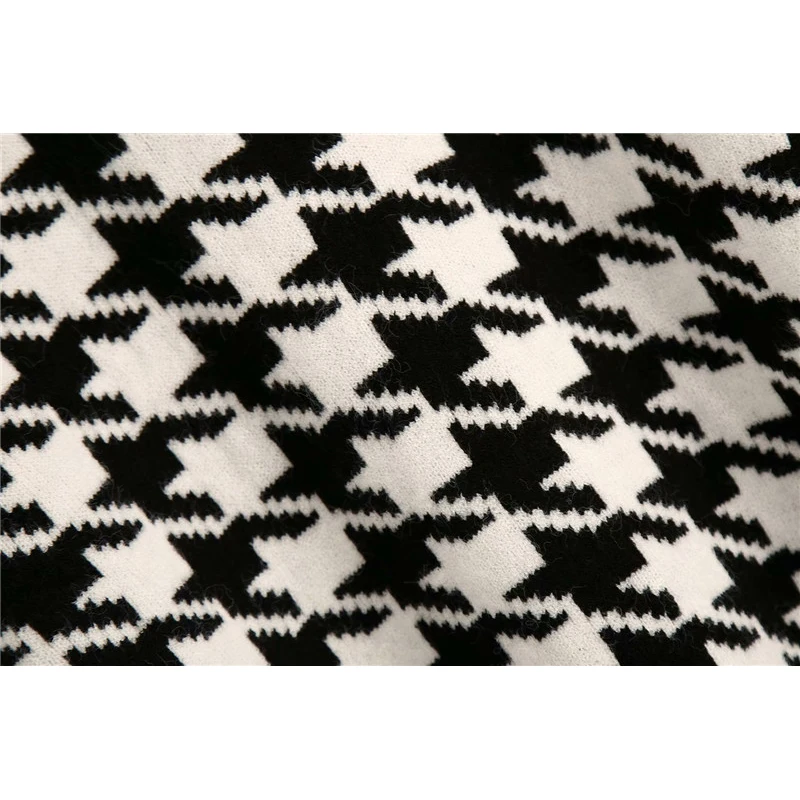 

Women Autumn Casual Houndstooth Black Knitted Cardigans Sweater Laides Fashion V-neck Long Sleeve Plaid Sweaters Chic