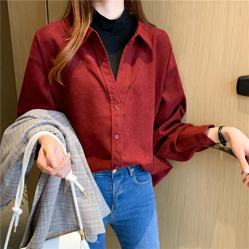 

2020 new ladies fake two-piece design sense niche outer wear shirt fashion autumn and winter corduroy top