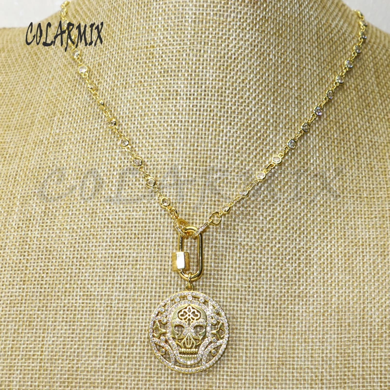 

3 strands Skull pendants necklace Zircon Crystal necklace Golden Lock carabiner fashion accessories for women 50445