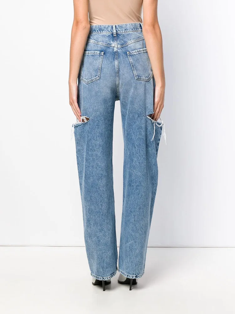 

100969 Women's High Waisted Loose Features Double Cut Holes on Both Sides Loose Straight Denim Pants M6