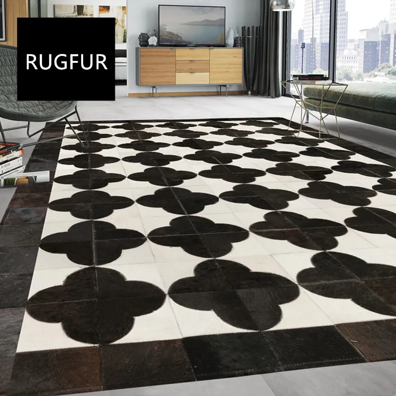 

Floral Black And White Cowhide Patchwork Rug Natural Cow Fur Carpet Customized Leather Mats Anti-Slip Design HF-49