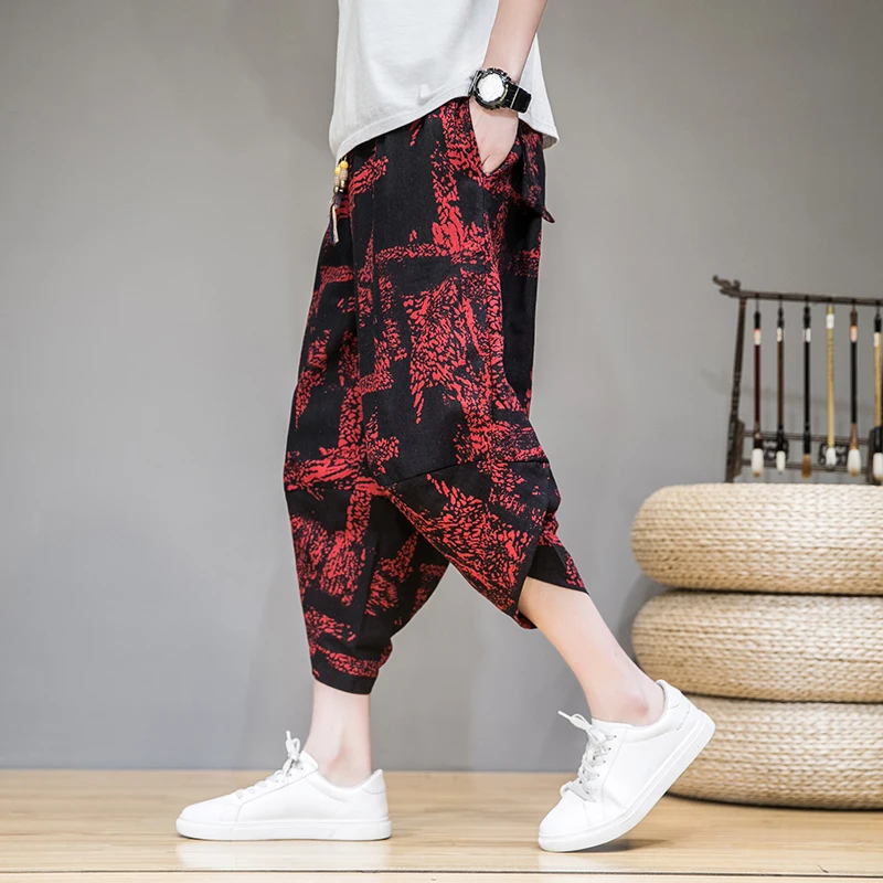 

Men Pants Men's Wide Crotch Harem Pants Loose Large Cropped Trousers Wide-legged Bloomers Korean Style Printed Baggy Streetwear