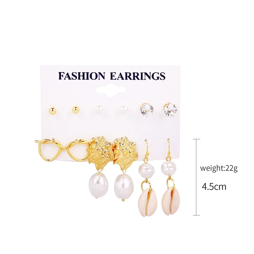 

6 Pairs/Set Fashion Women's Shell Pearl Crystal Studs Earrings Girls Elegant Heart Ear Beach party Jewelry Gift