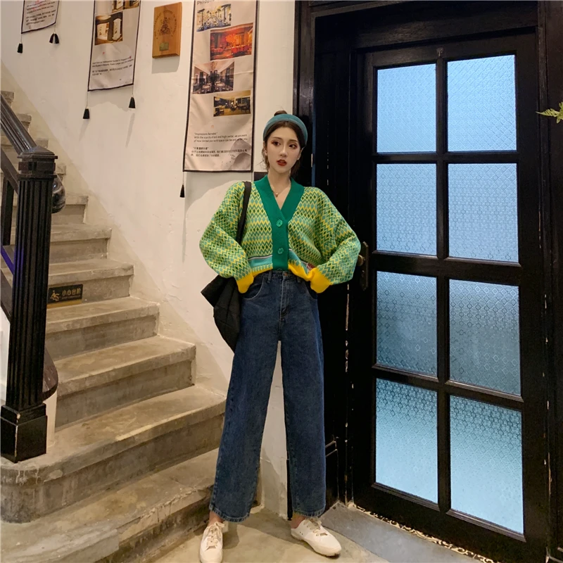 

Korejepo Women Sweater 2021 Spring Autumn Ins Fashion Loose V-Neck Versatile Long Sleeve Color Matching Diamond Knitted Cardigan