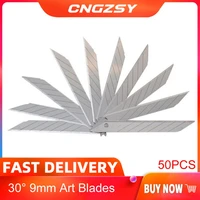 cngzsy 50pcs blades 9mm 30 degree stainless steel tip for utility knife school office stationery packing wrapping art cutter e03