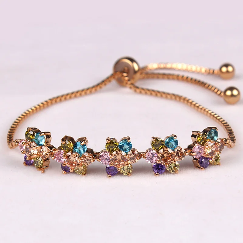 

Classic Female Crystal Round Flower Bracelet Rose Gold Silver Color Open Bracelets For Women Charm Bride Zircon Chain Bracelet