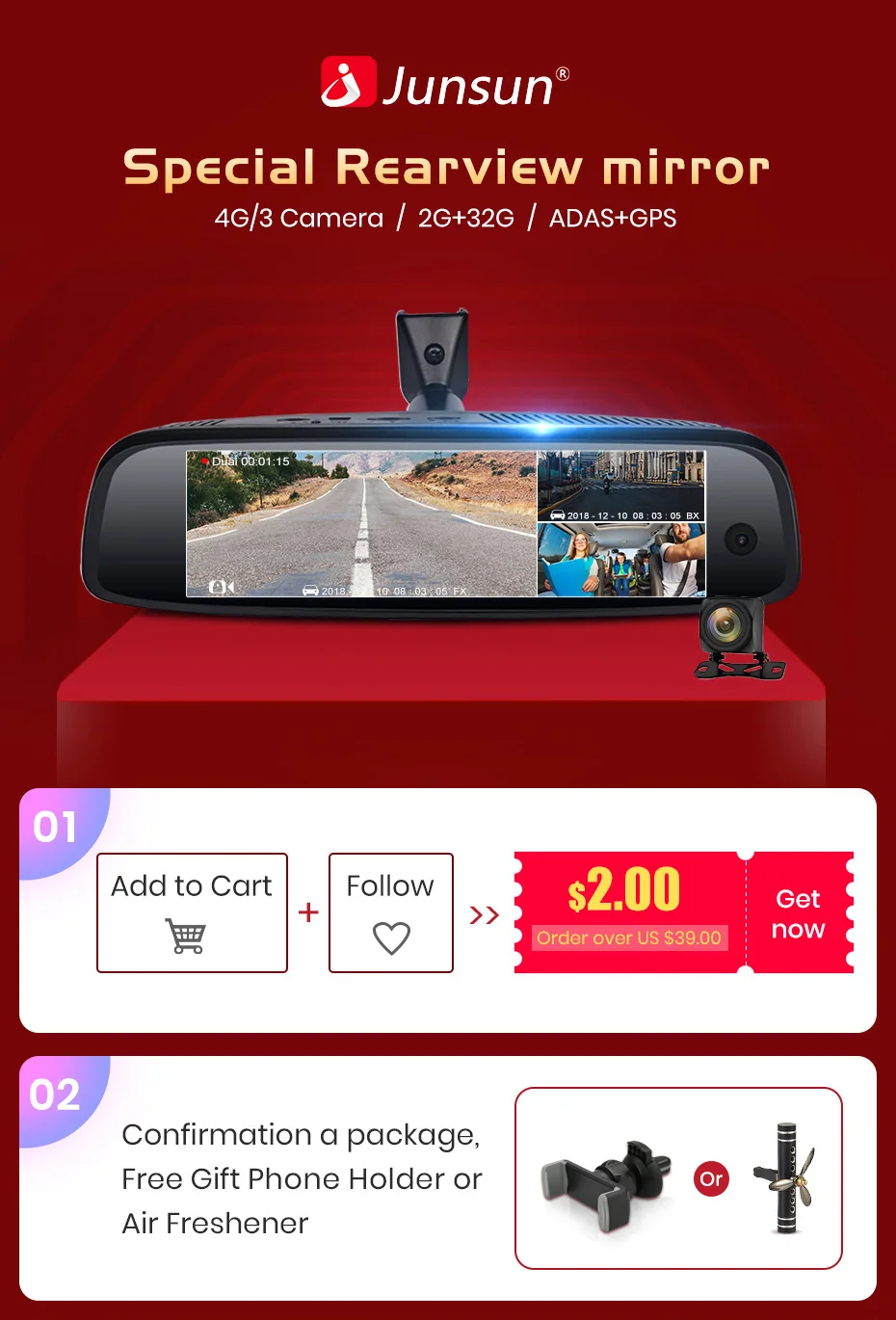 Junsun K757 3 камера 2+ 32 ГБ Автомобильный dvr регистраторы 4 г ADAS FHD 1080 P gps Navi DashCam Android Специальный кронштейн регистрирующее устройство на зеркале заднего вида