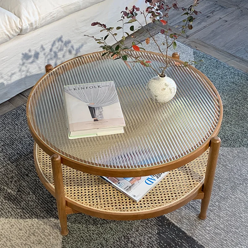 

Ins Nordic Solid Wood Rattan Coffee Table Modern Minimalist Net Red Creative Glass Round Balcony Corner Table Small Side Table