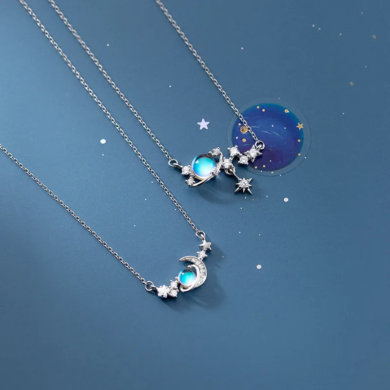 

925 Sterling Silver Pendant Necklace Female Korea Fashion Opal Planet & Star Romantic Cute Clavicle Chain Jewelry