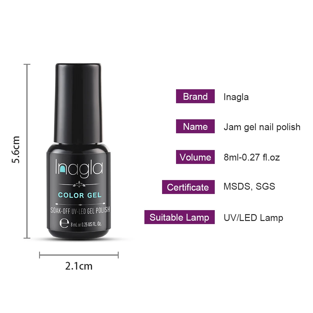 

Inagla Jam Nail Gel Polish 8ML Nail Art Salon Tips Hot Sale Color 8ml Soak off Organic UV LED Nail Gel Varnish Top Coat Primer
