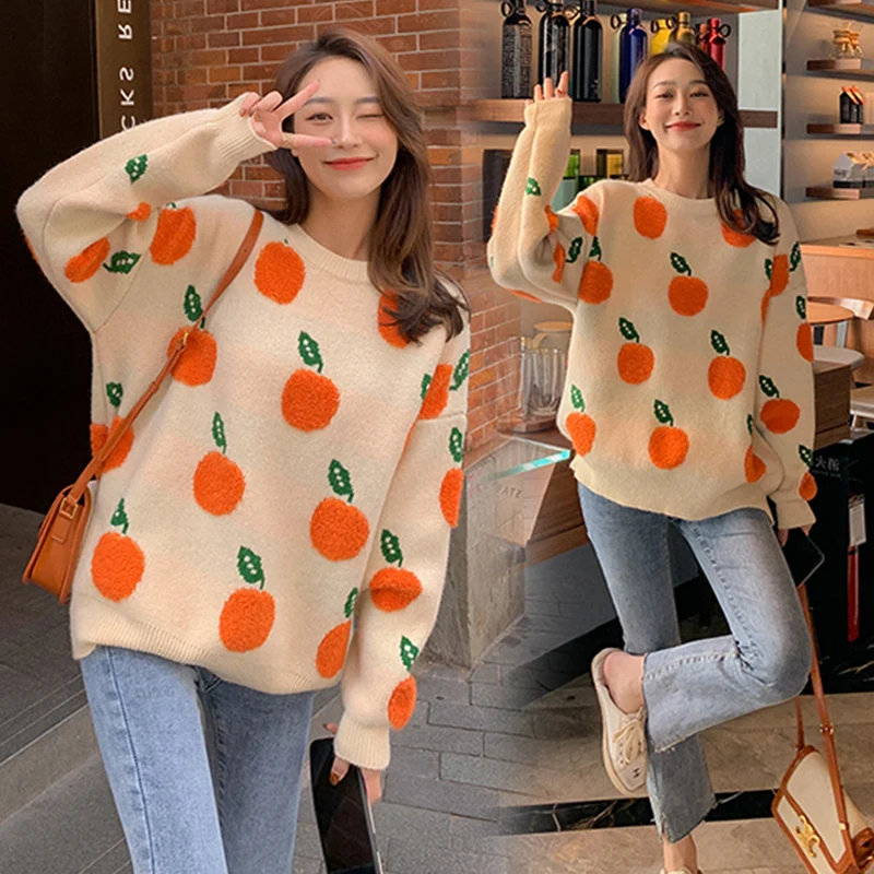 

Fall Winter Women Cute Orange Printing Loose Pullovers Knitted Sweater Long Sleeve O-Neck Knitting Sweater Female Knitwear Tops