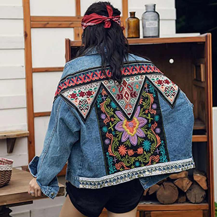 Wenfly Women Jacket Denim Bohemian Floral Appliques Embroidery Vintage Long Sleeve Loose Korean Outerwear Female Harajuku