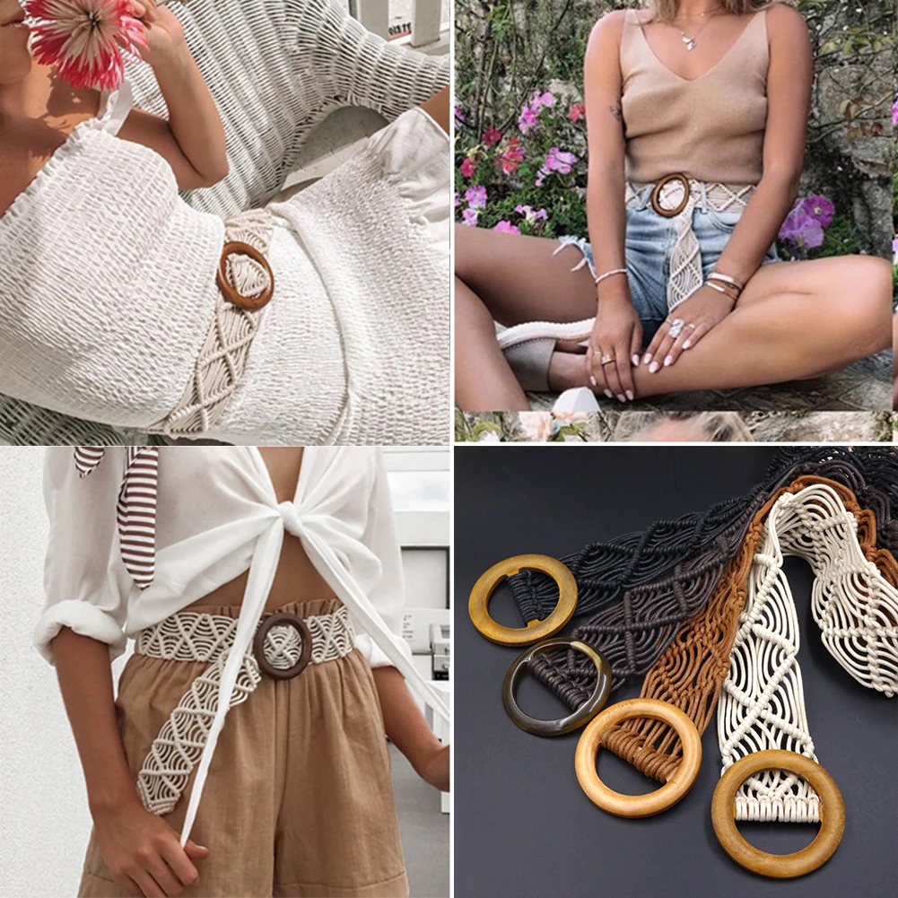 Boho Стиль на вощеном шнуре из трикотажный пояс круглые деревянные пряжка с